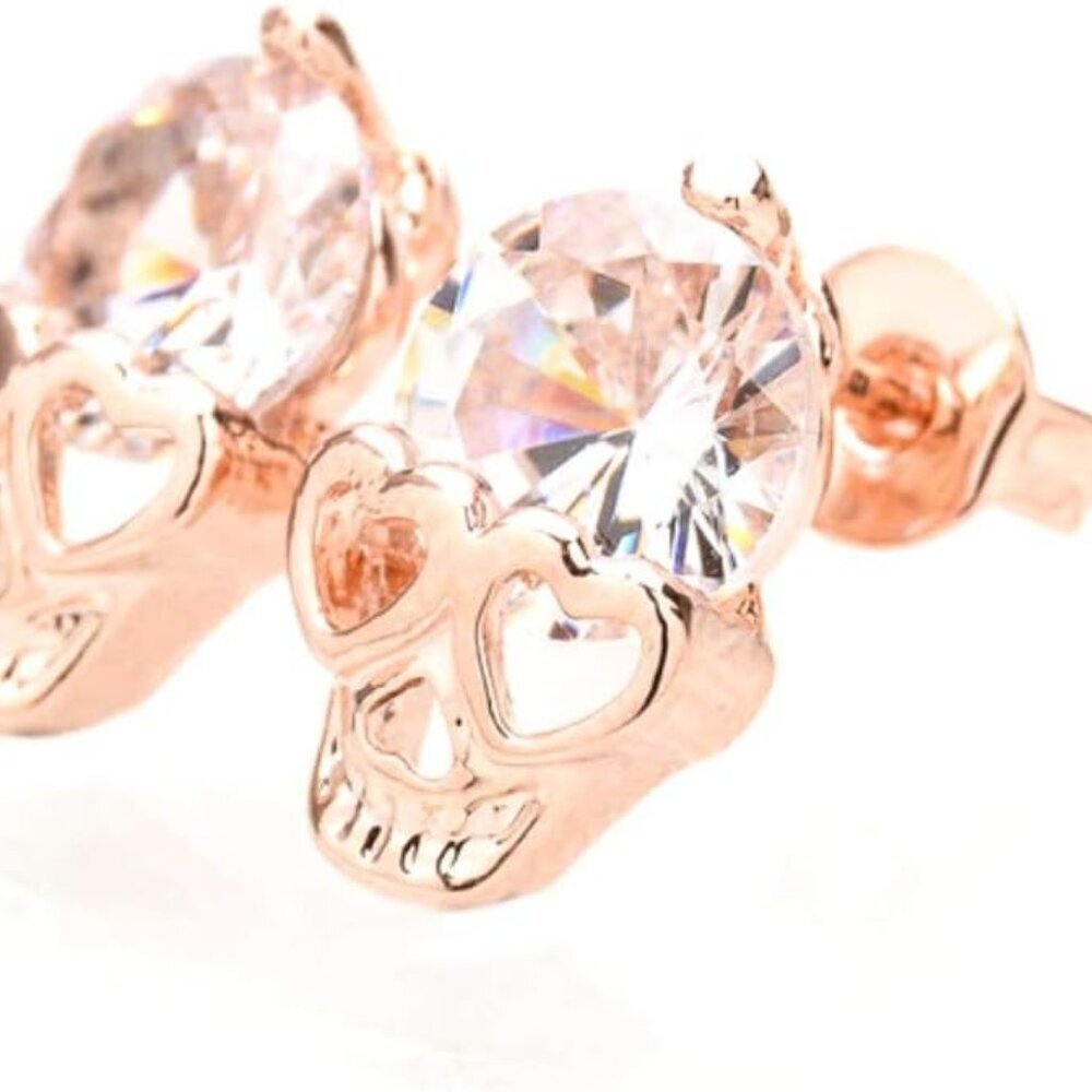 Rose Gold Women Tone Crystal Diamond Skull Pierced Stud Earrings Jewelry